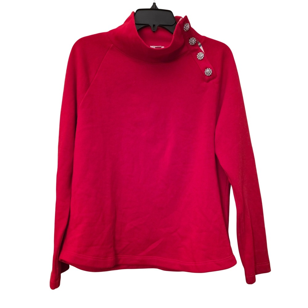J.Crew Red Mock Neck Sweatshirt Jeweled Button Shoulder Plaid Trim Medium